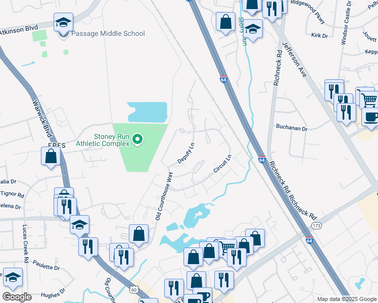 map of restaurants, bars, coffee shops, grocery stores, and more near 382 Deputy Lane in Newport News