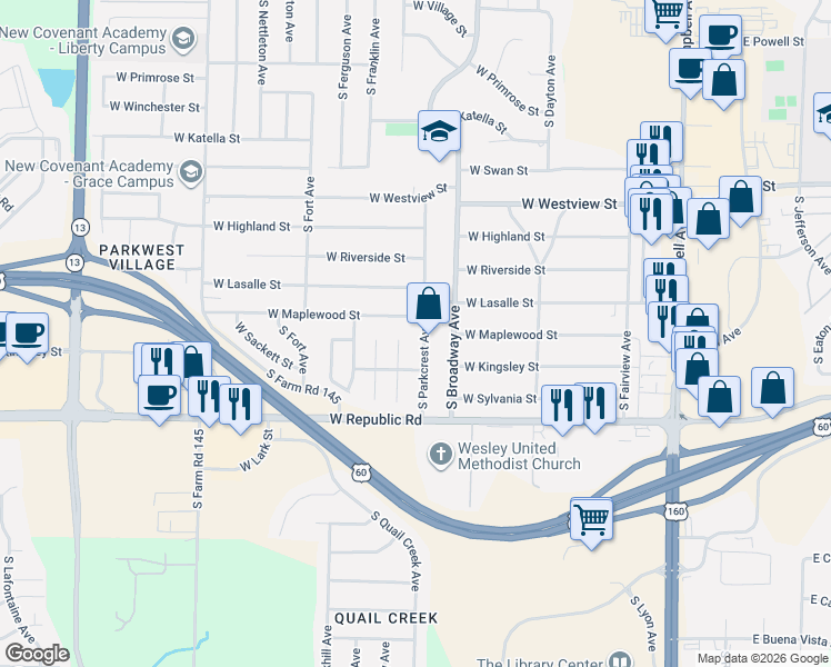 map of restaurants, bars, coffee shops, grocery stores, and more near 1031 West Maplewood Street in Springfield