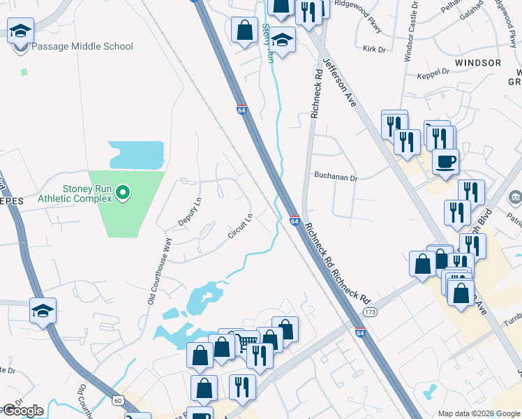 map of restaurants, bars, coffee shops, grocery stores, and more near 405 General Court in Newport News