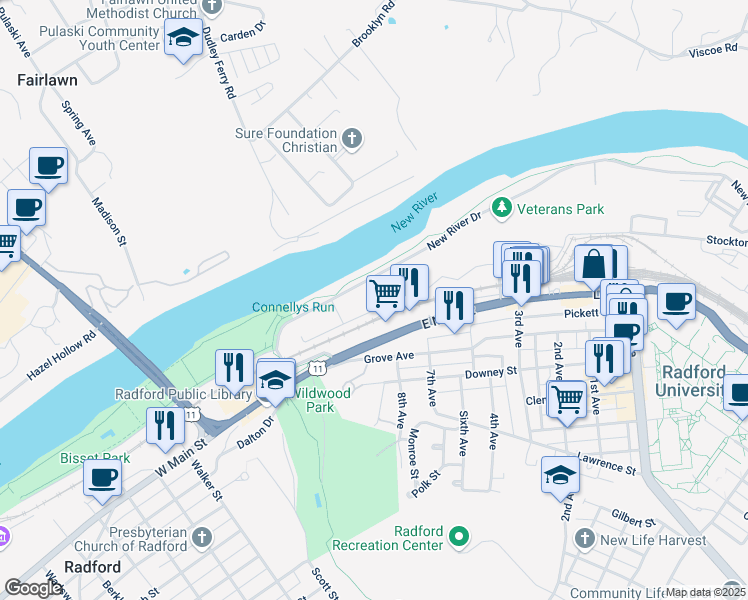 map of restaurants, bars, coffee shops, grocery stores, and more near in Radford