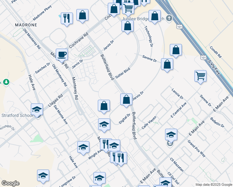 map of restaurants, bars, coffee shops, grocery stores, and more near 18215 Butterfield Boulevard in Morgan Hill