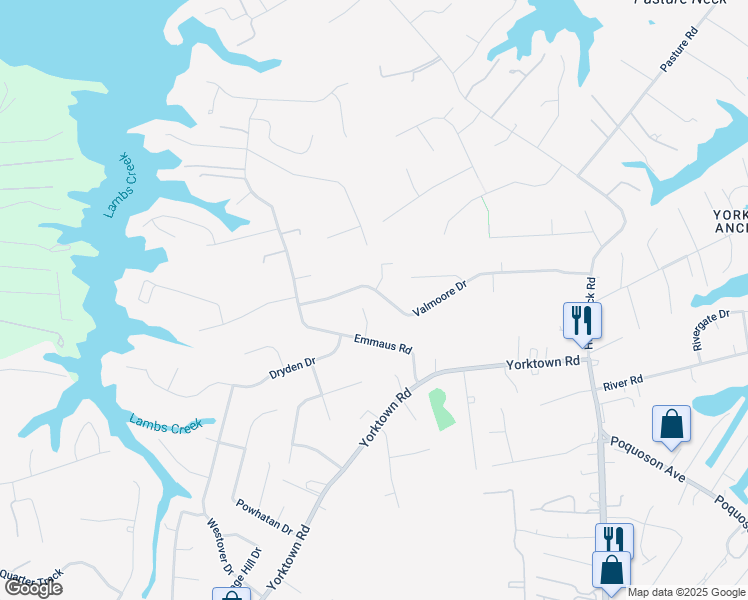 map of restaurants, bars, coffee shops, grocery stores, and more near 43 Valmoore Drive in Poquoson