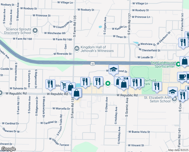 map of restaurants, bars, coffee shops, grocery stores, and more near 4042 South Hillcrest Avenue in Springfield
