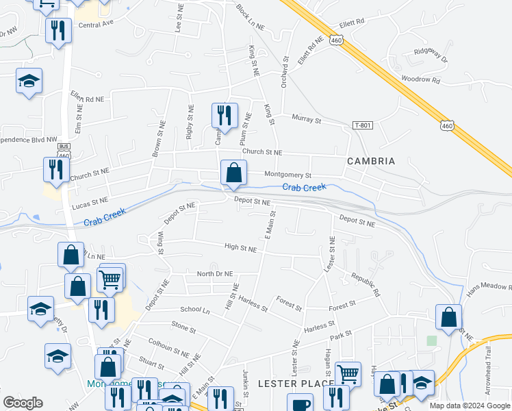 map of restaurants, bars, coffee shops, grocery stores, and more near 705 Depot Street Northeast in Christiansburg