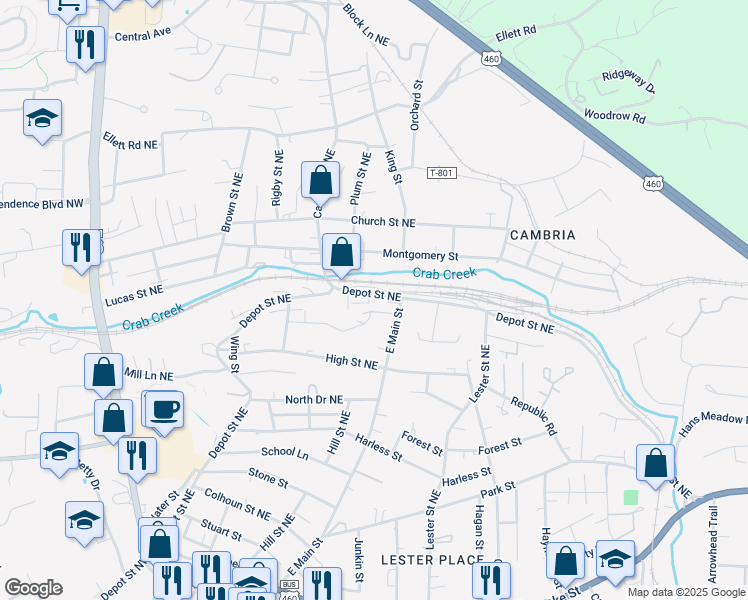map of restaurants, bars, coffee shops, grocery stores, and more near 705 Depot Street Northeast in Christiansburg