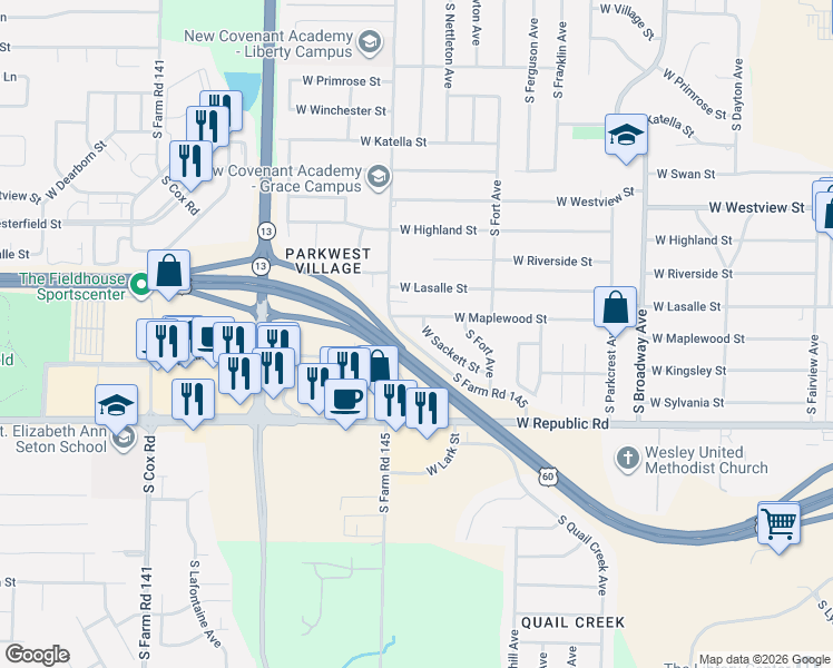 map of restaurants, bars, coffee shops, grocery stores, and more near 1506 West Maplewood Street in Springfield