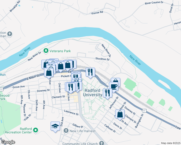 map of restaurants, bars, coffee shops, grocery stores, and more near East Main Street in Radford