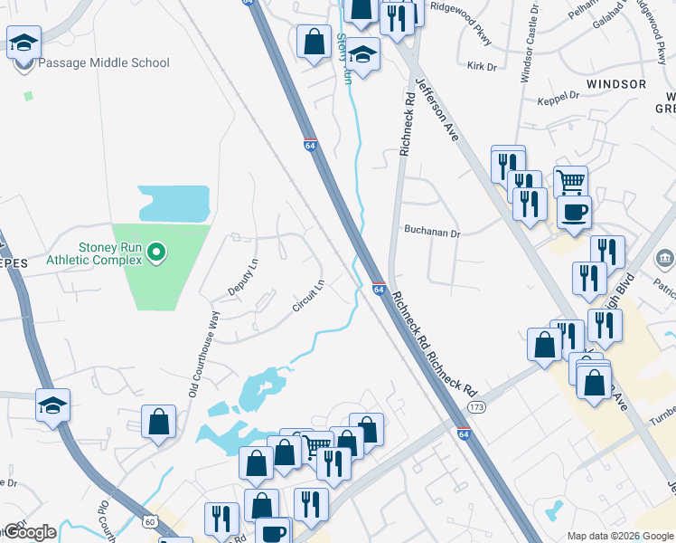 map of restaurants, bars, coffee shops, grocery stores, and more near 405 General Ct in Newport News