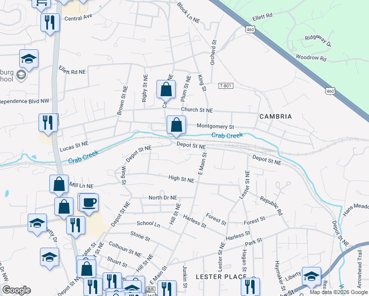 map of restaurants, bars, coffee shops, grocery stores, and more near 630 Depot Street Northeast in Christiansburg