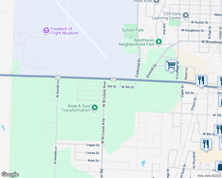 map of restaurants, bars, coffee shops, grocery stores, and more near 2101-2927 West 5th Street in Webb City