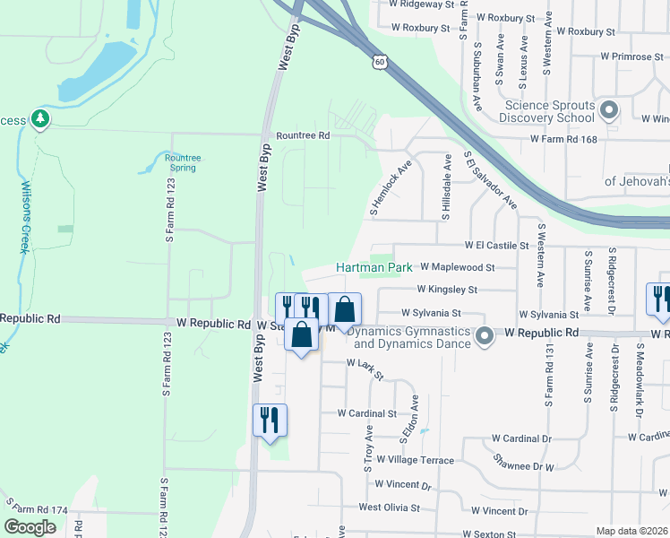 map of restaurants, bars, coffee shops, grocery stores, and more near 3913 West Maplewood Street in Springfield