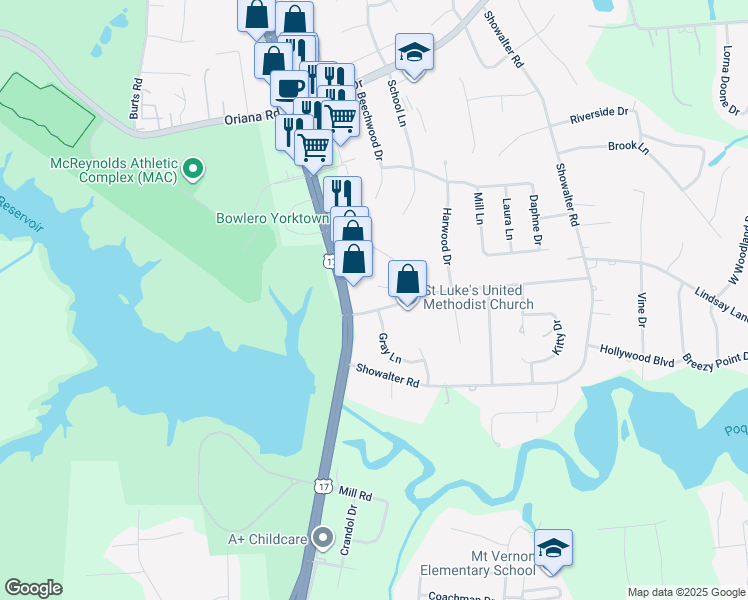 map of restaurants, bars, coffee shops, grocery stores, and more near 107 Kimberly Court in Yorktown