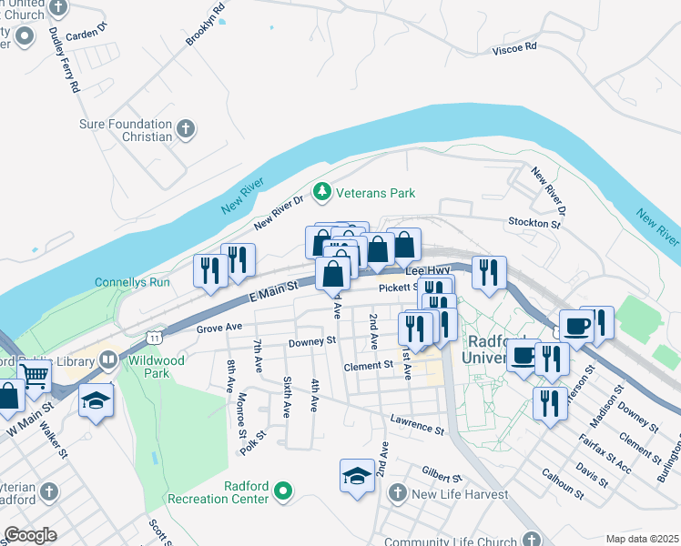 map of restaurants, bars, coffee shops, grocery stores, and more near 1154a Lee Highway in Radford