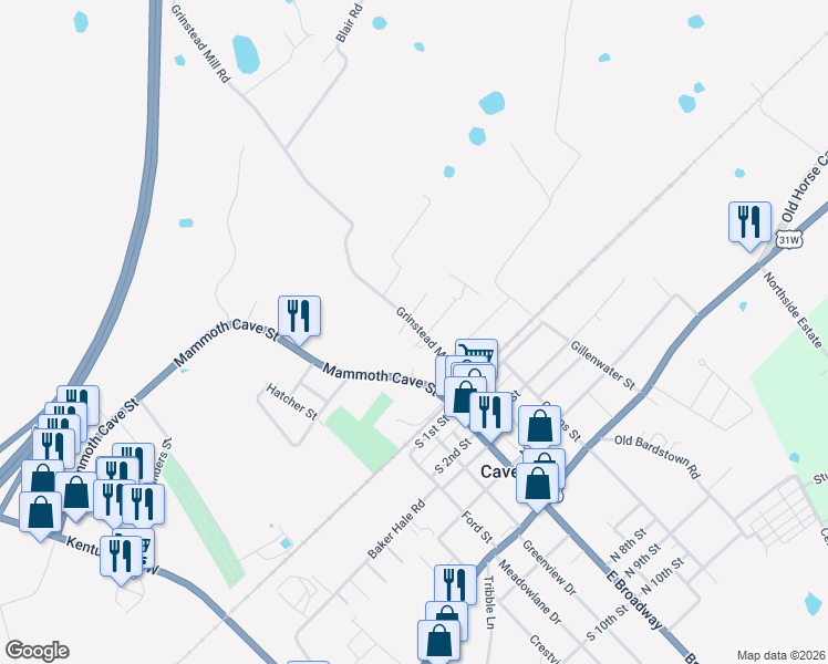 map of restaurants, bars, coffee shops, grocery stores, and more near 304 Grinstead Mill Road in Cave City