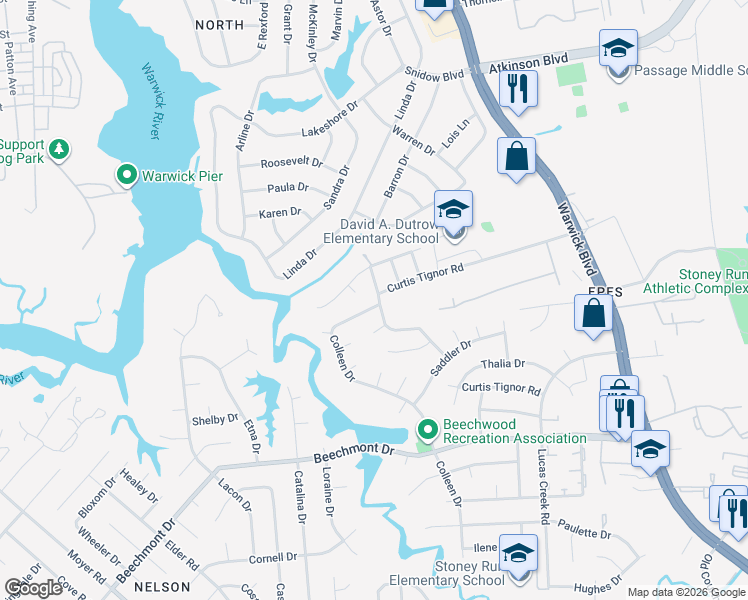 map of restaurants, bars, coffee shops, grocery stores, and more near 973 Bent Branch Lane in Newport News