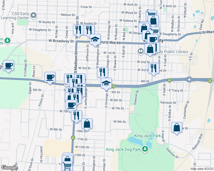 map of restaurants, bars, coffee shops, grocery stores, and more near 418 South Oronogo Street in Webb City