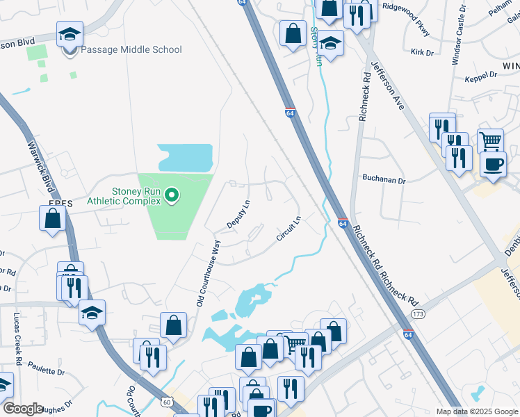 map of restaurants, bars, coffee shops, grocery stores, and more near 387 Deputy Lane in Newport News
