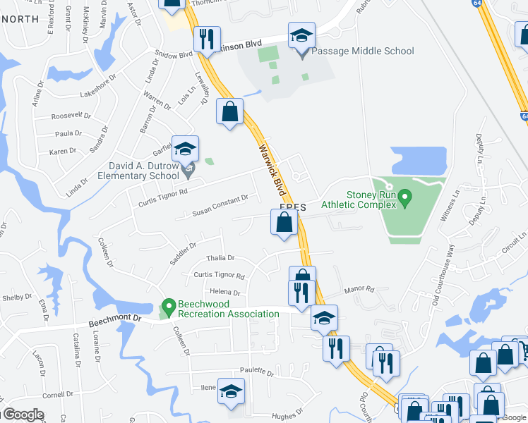 map of restaurants, bars, coffee shops, grocery stores, and more near 325 Bexley Park Way in Newport News