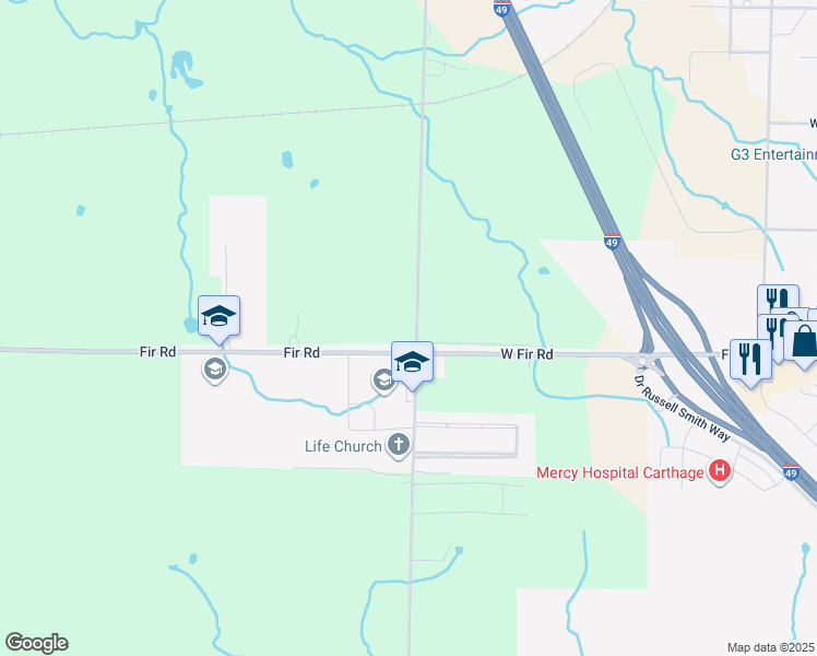 map of restaurants, bars, coffee shops, grocery stores, and more near 2625 South Chapel Road in Carthage