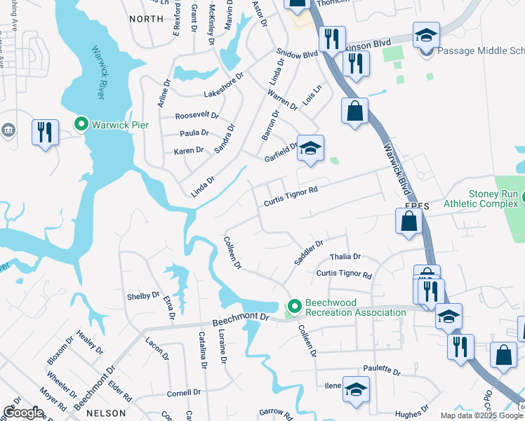 map of restaurants, bars, coffee shops, grocery stores, and more near 261 Curtis Tignor Road in Newport News