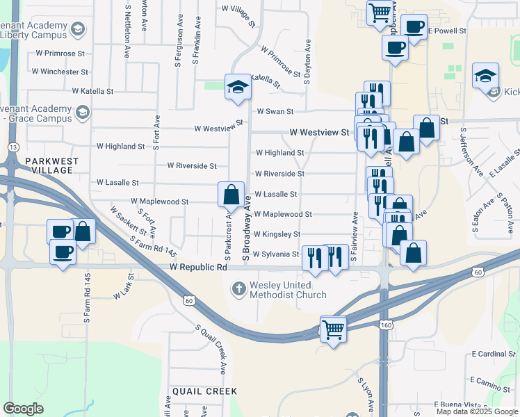 map of restaurants, bars, coffee shops, grocery stores, and more near 4004 South Broadway Avenue in Springfield