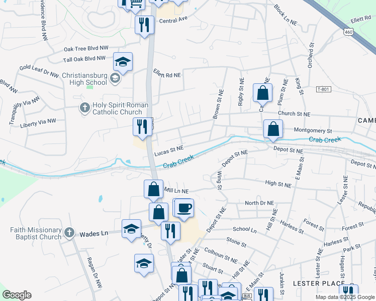 map of restaurants, bars, coffee shops, grocery stores, and more near 210 Lucas Street Northeast in Christiansburg