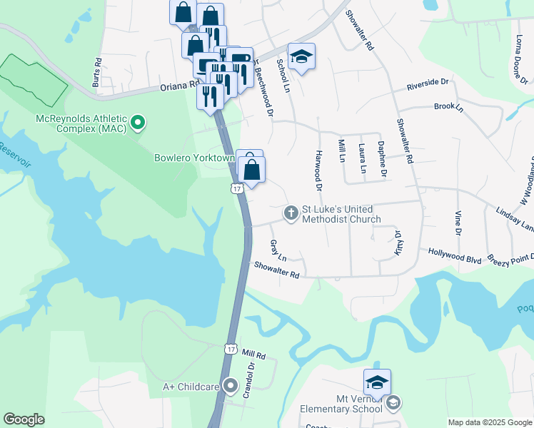 map of restaurants, bars, coffee shops, grocery stores, and more near 107 Kimberly Court in Yorktown