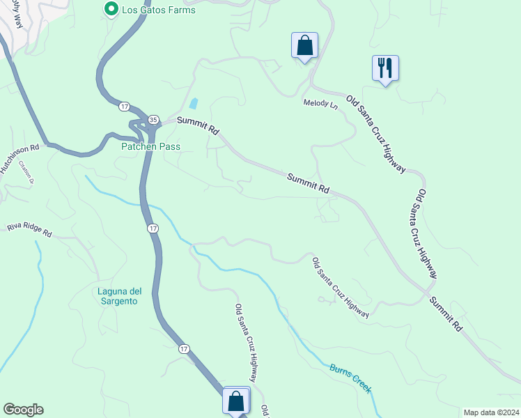 map of restaurants, bars, coffee shops, grocery stores, and more near 17546 Old Summit Road in Los Gatos