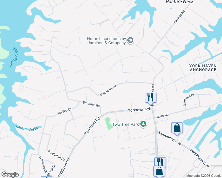 map of restaurants, bars, coffee shops, grocery stores, and more near 1 Jefferson Court in Poquoson