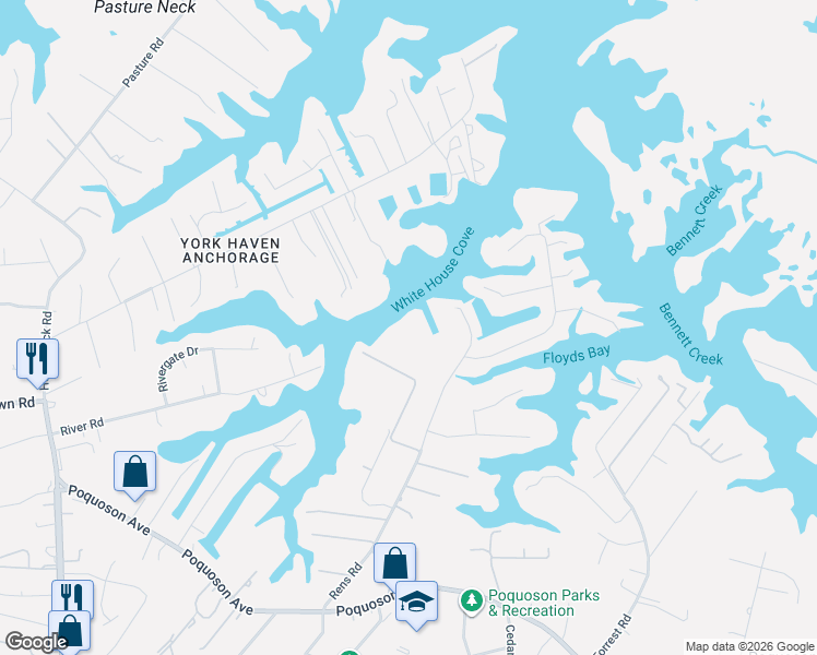 map of restaurants, bars, coffee shops, grocery stores, and more near 105 Rens Road in Poquoson