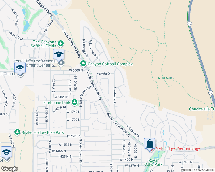 map of restaurants, bars, coffee shops, grocery stores, and more near 1920 Lakota Ridge Drive in Saint George