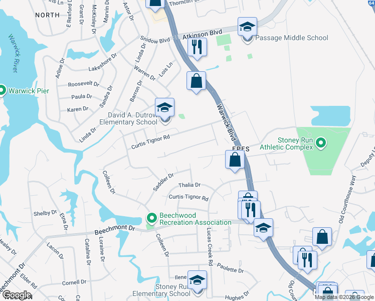 map of restaurants, bars, coffee shops, grocery stores, and more near 326 Susan Constant Drive in Newport News