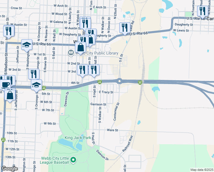 map of restaurants, bars, coffee shops, grocery stores, and more near 401-499 East 4th Street in Webb City