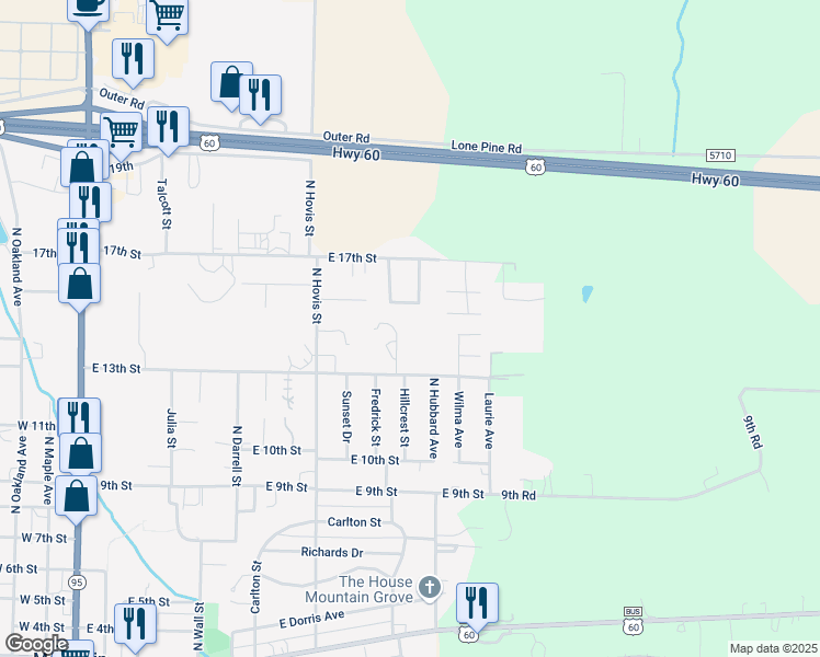 map of restaurants, bars, coffee shops, grocery stores, and more near 1106-1198 East 15th Street in Mountain Grove