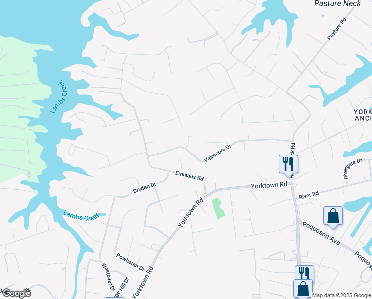 map of restaurants, bars, coffee shops, grocery stores, and more near 43 Valmoore Drive in Poquoson