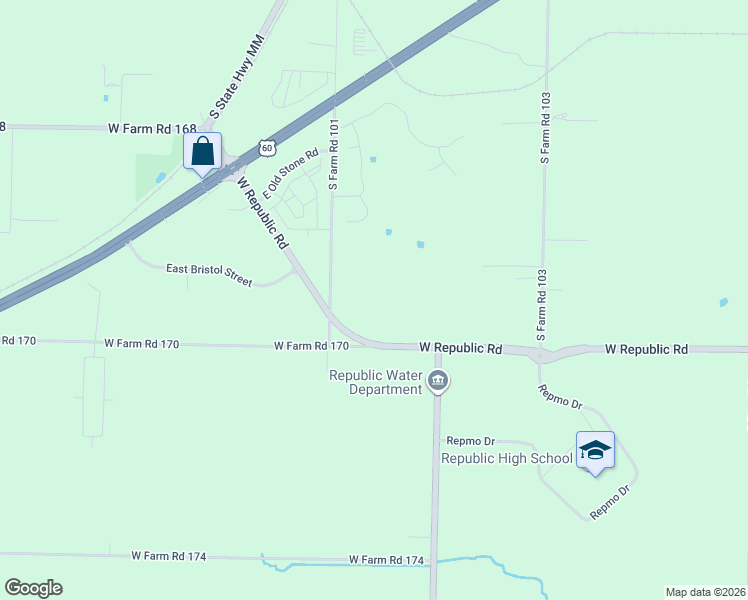 map of restaurants, bars, coffee shops, grocery stores, and more near 6579 West State Highway M in Greene County