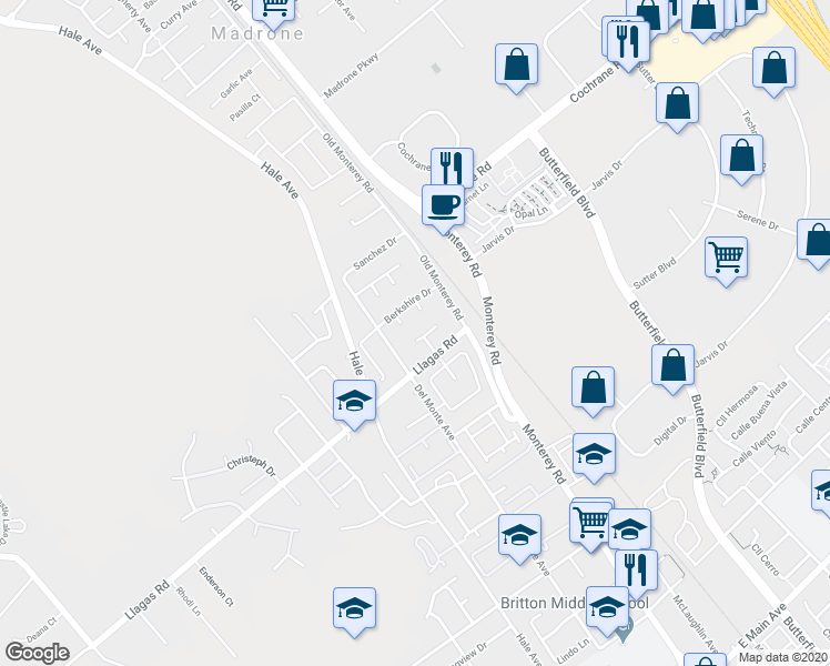 map of restaurants, bars, coffee shops, grocery stores, and more near 195 Sierra Court in Morgan Hill