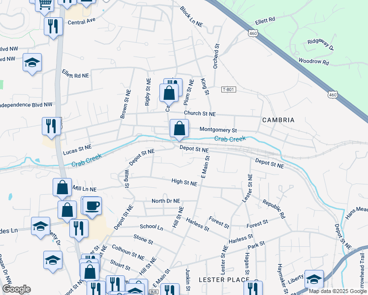 map of restaurants, bars, coffee shops, grocery stores, and more near 646 Depot Street Northeast in Christiansburg