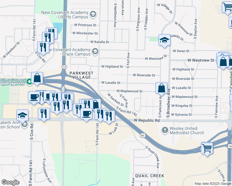 map of restaurants, bars, coffee shops, grocery stores, and more near 1414 West Maplewood Street in Springfield