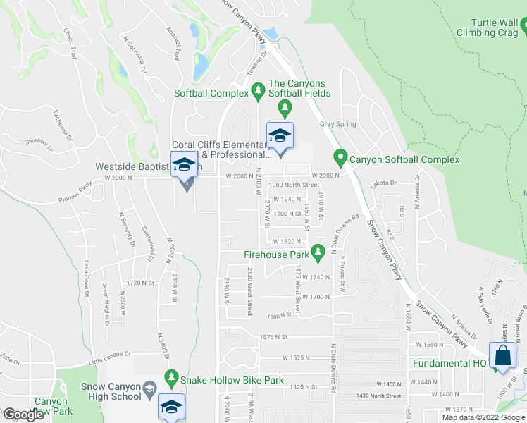 map of restaurants, bars, coffee shops, grocery stores, and more near 1905 2070 West Street in St. George