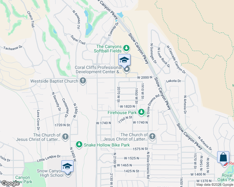 map of restaurants, bars, coffee shops, grocery stores, and more near 1917 2070 West Street in St. George