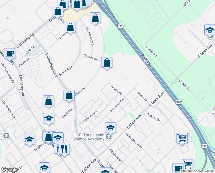 map of restaurants, bars, coffee shops, grocery stores, and more near 18042 Calle Central in Morgan Hill