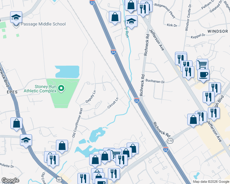 map of restaurants, bars, coffee shops, grocery stores, and more near 332 Circuit Lane in Newport News