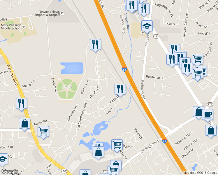 map of restaurants, bars, coffee shops, grocery stores, and more near 302 Circuit Lane in Newport News