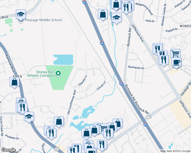 map of restaurants, bars, coffee shops, grocery stores, and more near 302 Circuit Lane in Newport News