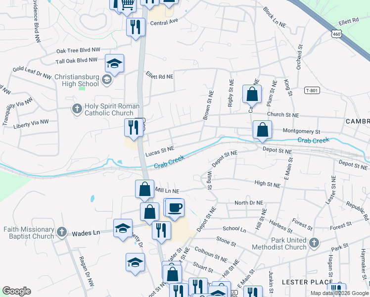 map of restaurants, bars, coffee shops, grocery stores, and more near 210 Lucas Street Northeast in Christiansburg
