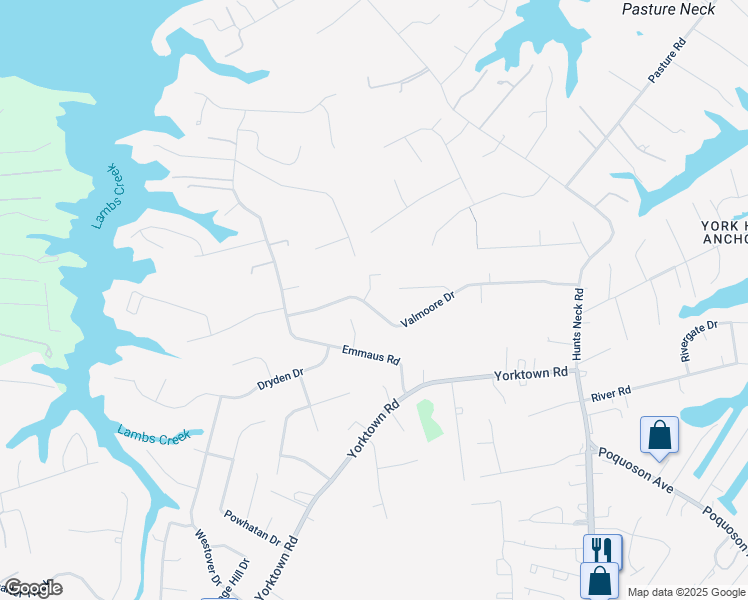 map of restaurants, bars, coffee shops, grocery stores, and more near 40 Valmoore Drive in Poquoson
