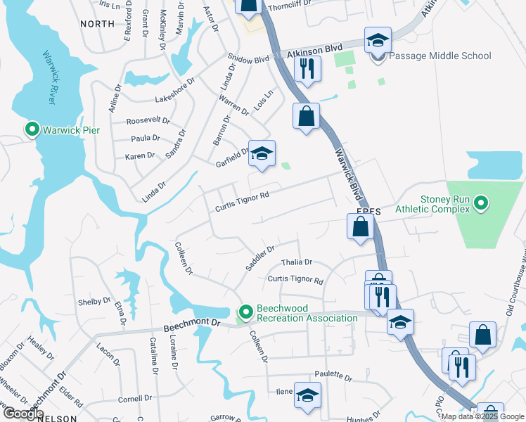 map of restaurants, bars, coffee shops, grocery stores, and more near 213 Susan Constant Drive in Newport News