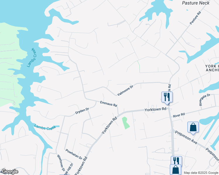map of restaurants, bars, coffee shops, grocery stores, and more near 40 Valmoore Drive in Poquoson