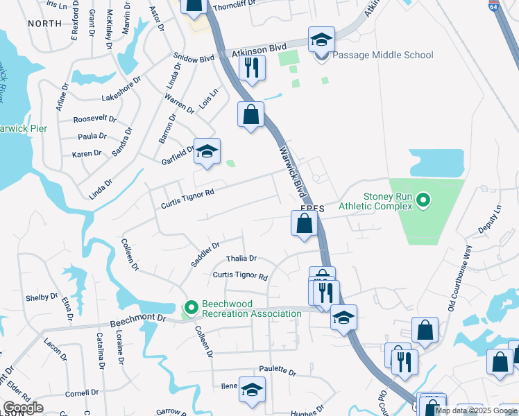 map of restaurants, bars, coffee shops, grocery stores, and more near 326 Susan Constant Drive in Newport News